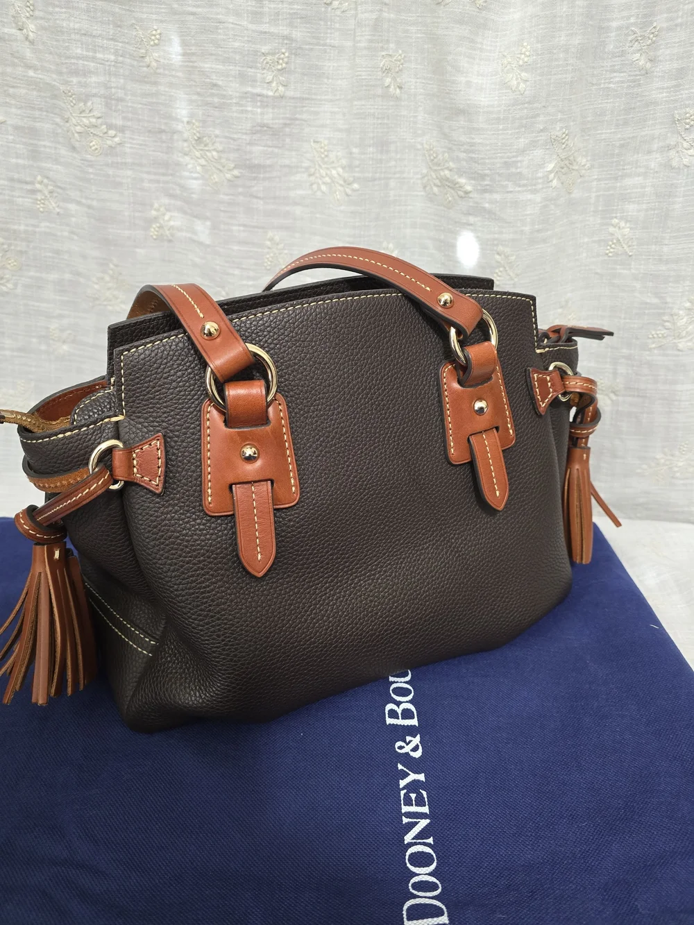 Dooney & Bourke Brown Pebbled Leather Satchel with Tan Trim